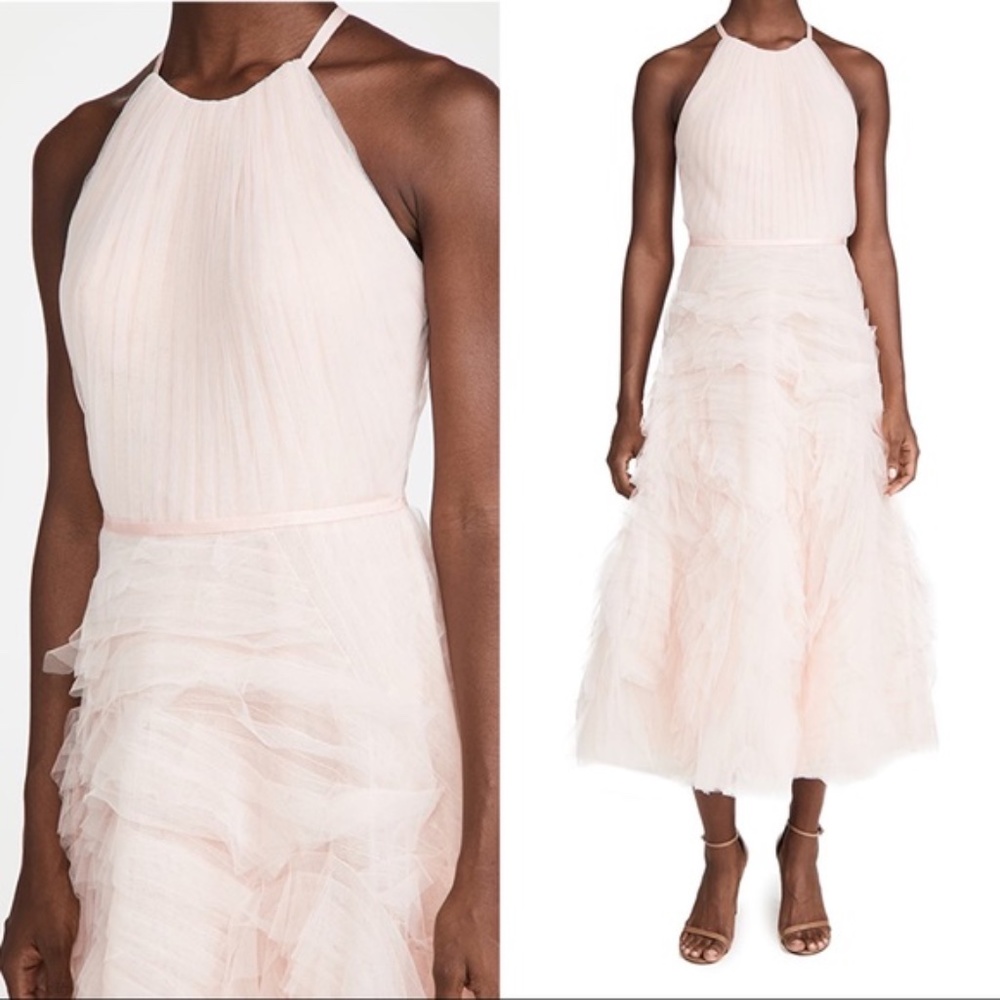 New Marchesa Notte Textured Tulle Halter Midi Dress, Pink, Size 2